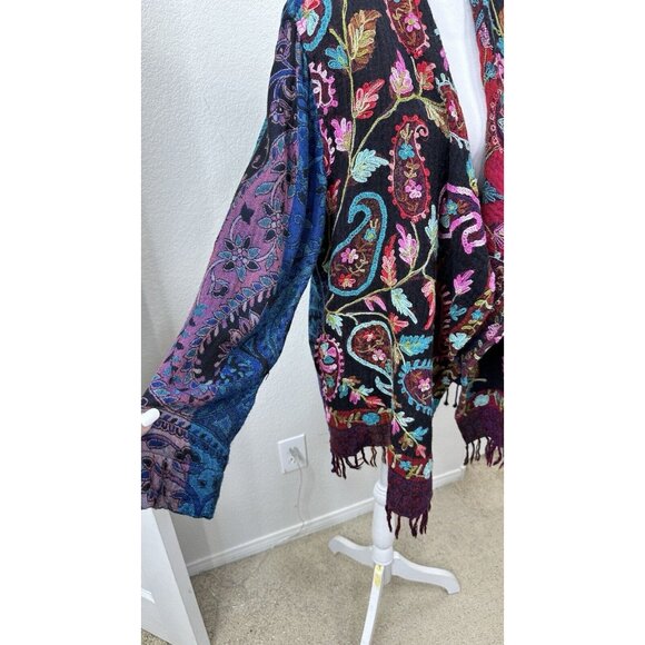 Soft Surroundings Sweater Boho Embroidered Open Fringe Kimono Cardigan SZ: Large - Picture 4 of 7